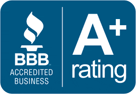 BBB Accredited Business badge with A+ rating on a blue background.